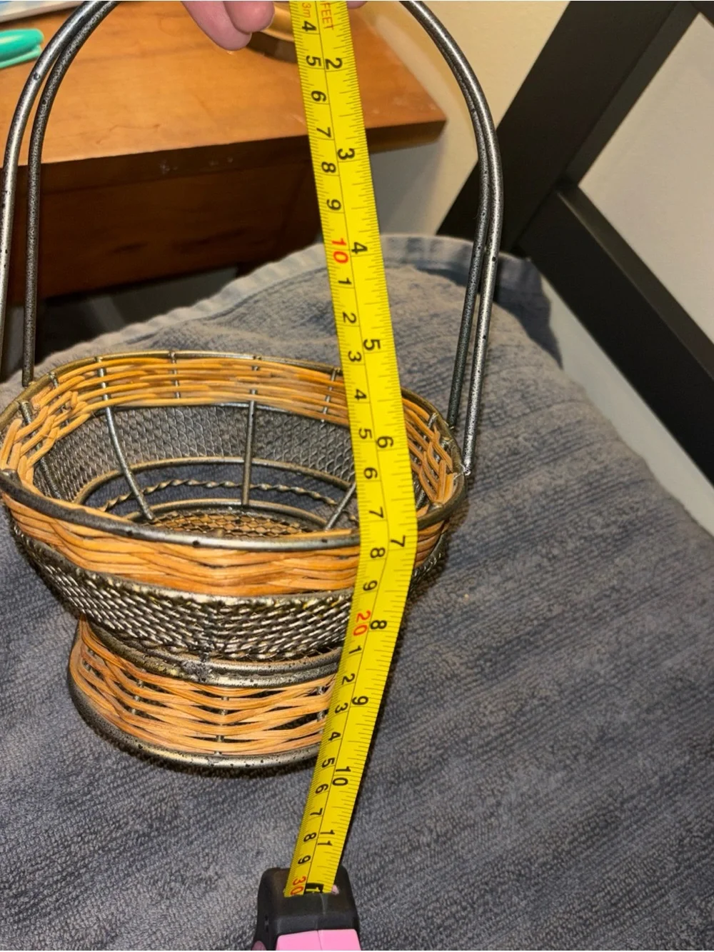 Woven Tan and Black Decorative Basket with Handle